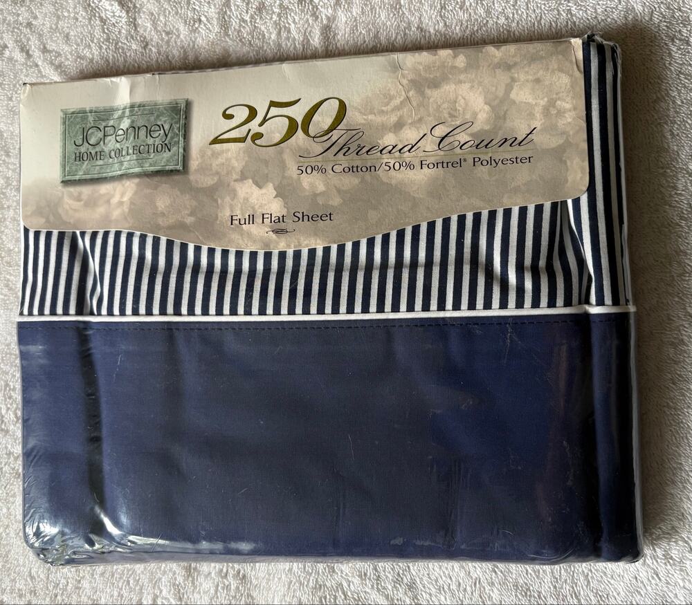 NOS JCPENNEY full flat sheet 250 TC blue white stripe 50/50 cotton blend
